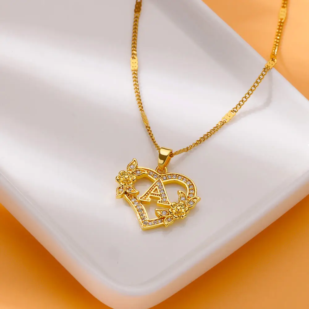 Flower Zircon Initial Heart Pendant Necklaces for Women Trend Stainless Steel Letter Necklaces Jewelry Best Friend Gifts pendant necklace