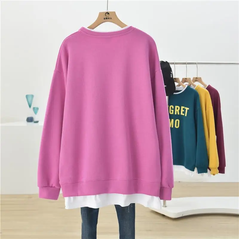 Casual Fake Two Piece Sweatshirts Spring Autumn New Solid Long Sleeve Letter Print Loose Pullovers Fashion Korean Women Clothing