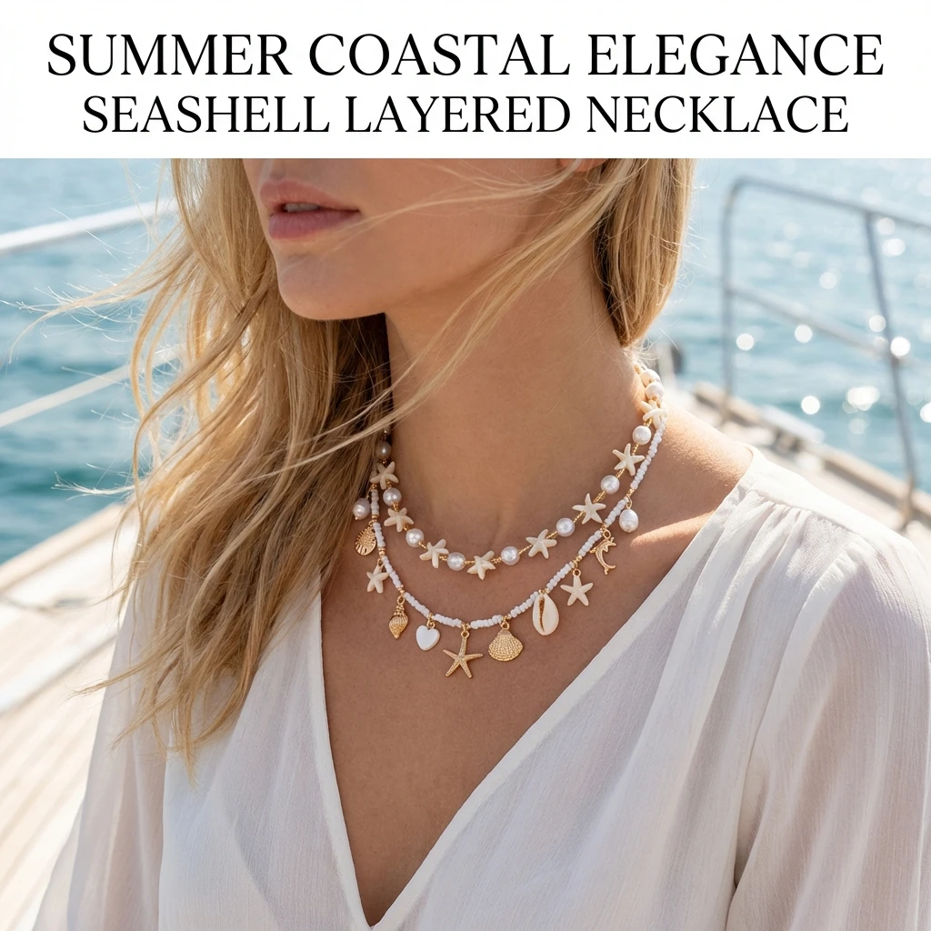 Neues Design Seestern-Muschel-Anhänger Halskette für Frauen Elegante Imitationsperlen Doppellagige Choker Strandparty-Schmuck – Detail 2