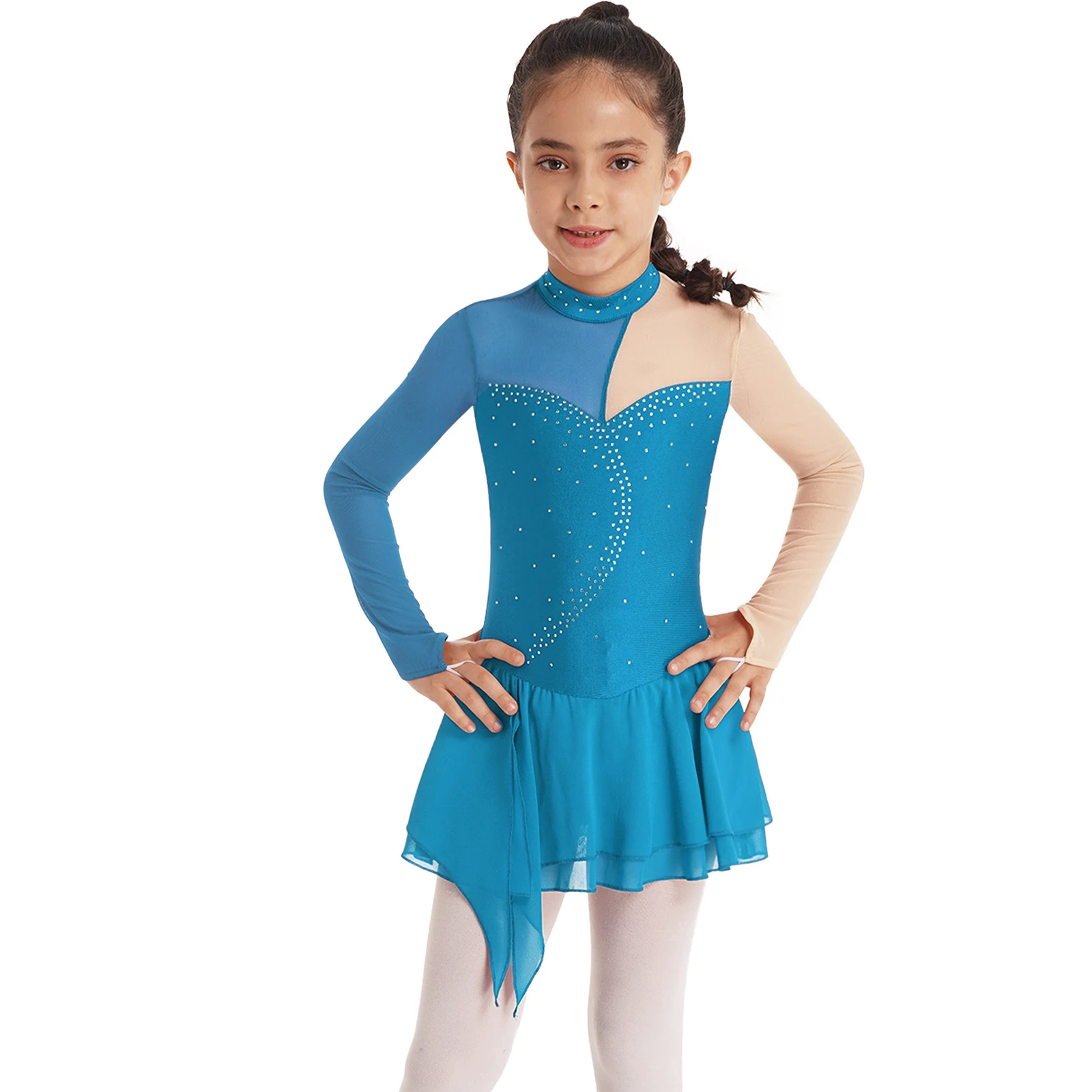 

Kids Girls Figure Skating Dance Dress Long Sleeve Rhinestone Ballet Gymnastics Leotard Tutu Competition Performance Dancewear