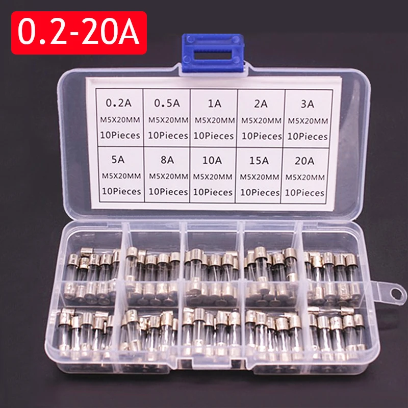 Car Fast-blow Glass Fuses Car Glass Tube Fuses 100/72pcs 0.2-20A 0.5-30A Assorted Kit for Light Inflator vacuum Cleaner car fuses kit