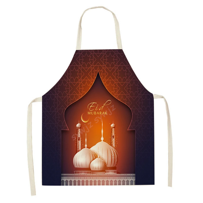 Muslim Eid Mubarak Printed Kitchen Apron Women's Ramadan Home Cooking Baking Star and Crescent Pattern Linen Bib Decoration