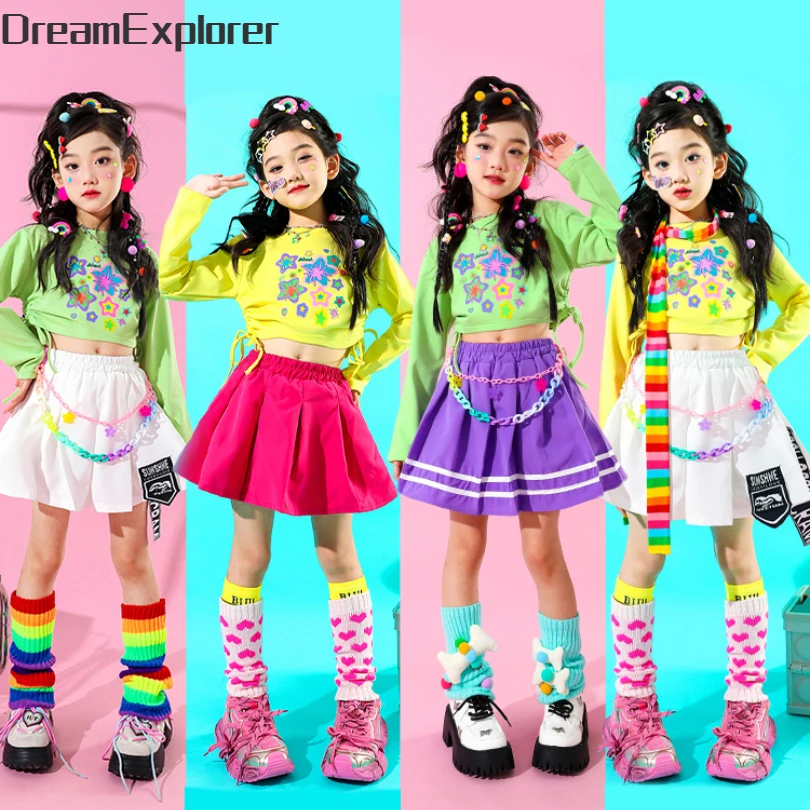 Hip Hop Kinder Nette Crop Top Street Dance Solide Röcke Mädchen Streetwear Bunte Sweatshirt Kinder Jazz Kostüme Kleidung Sets