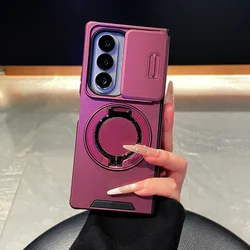 Magnetic Shockproof Phone Case with 360° Rotating Stand and Slide Camera Protection - Galaxy Z Flip 6 (Plum)