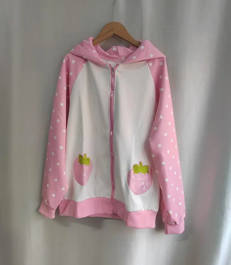 Japanese Kawaii Rabbit's Ears Hoodies Loose Polka Dot Patchwork Women Grunge Hoody Y2k Aesthetic Fairy Strawberry Sweatshirt 5