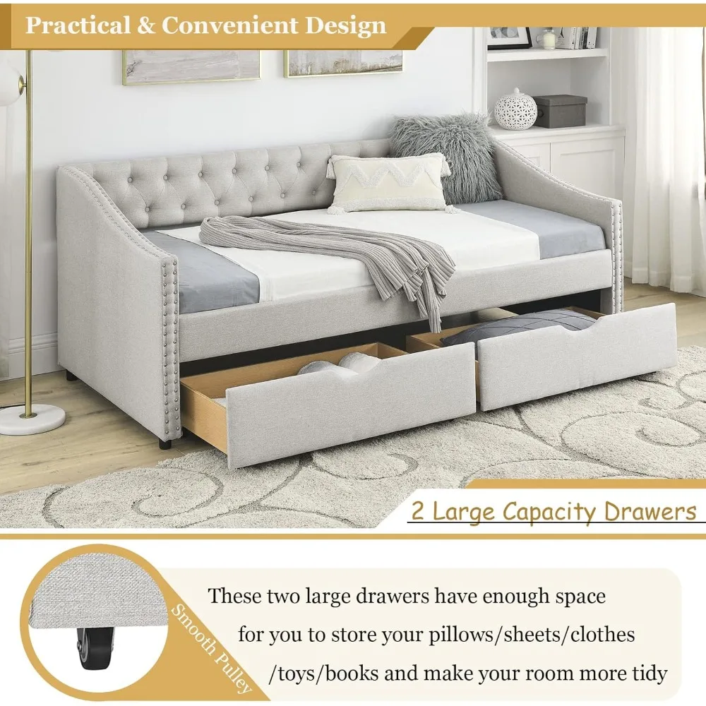 Wood Twin Daybed Frame with 2 Storage Drawers, Upholstered with Button and Nailhead Design for Bedroom Guest Room 3