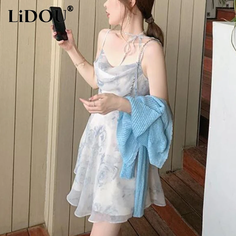 

Summer Sweet Printing Backless Waist Mini Robe Female Sleeveless Temperament Folds Tank Dress Women Casual A-line Slip Vestido