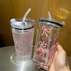 500ml Pink Bow Plastic Cup with Straw - Transparent Travel Mug (Pink 2pc)