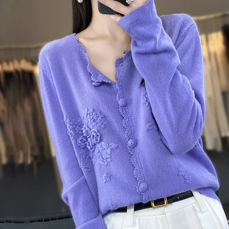 여성용 100% 순수 캐시미어 카디건 라운드 넥 손으로 수 놓은 크로 셰 뜨개질 느슨한 게으른 스웨터 가을 겨울을위한 니트 코트
