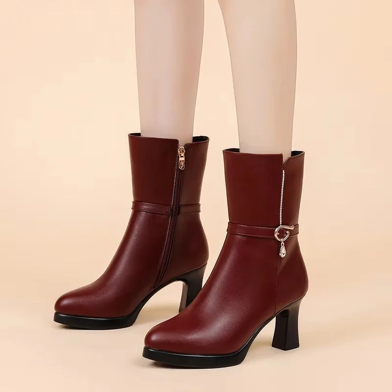7.5cm 9.5cm Elegant Comfortable Soft Leather Boots Winter Shoes 2026 Women's Block High Heels Warm Plush Mid Calf Boots for Mom