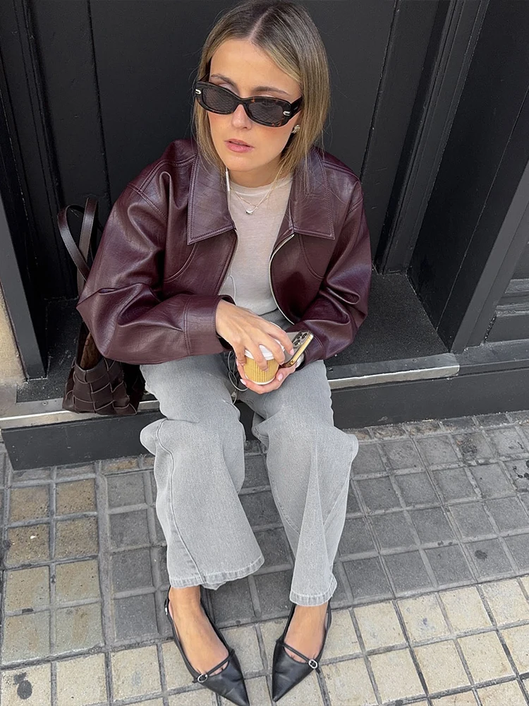 Nibber Zipper Jacket Woman Faux Leather Autumn Trend Lapel Full Sleeve Hottie High Street Fashion Versatile Style Basic Coats