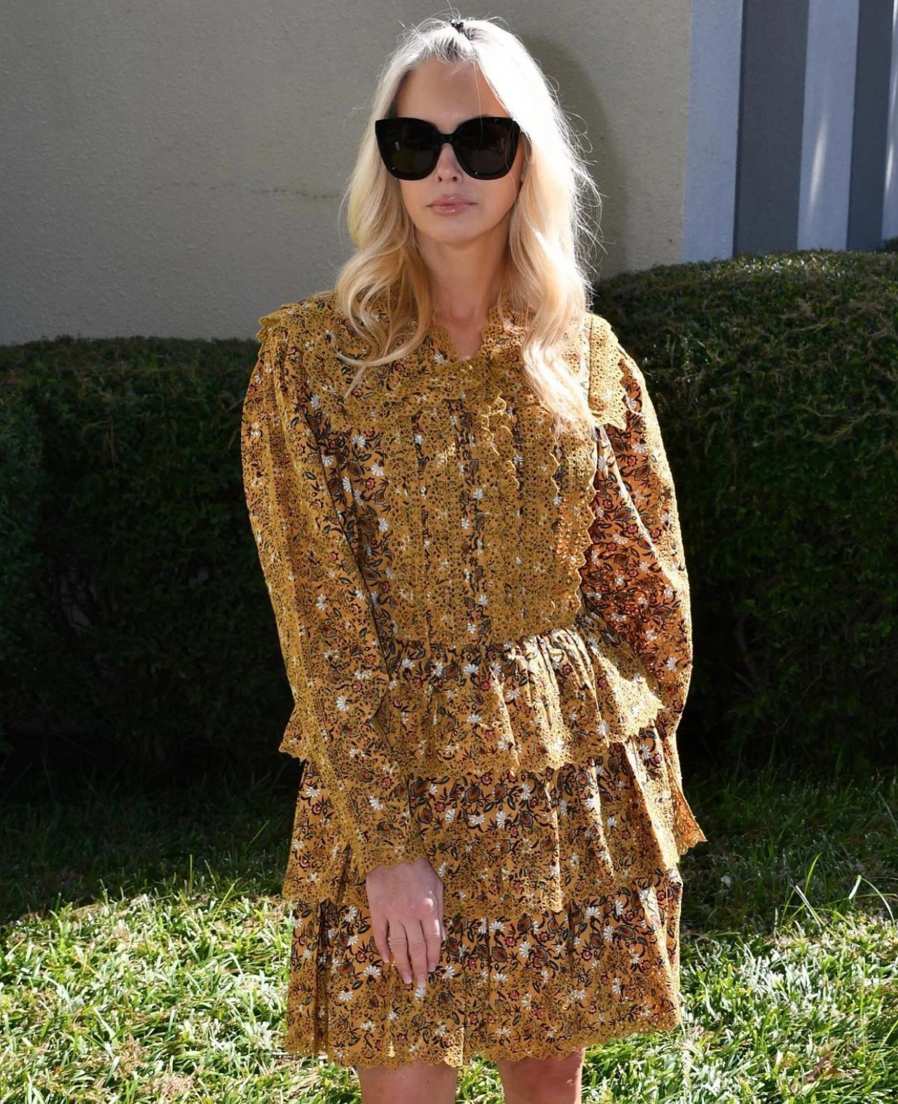 

Women Hollow Out Embroidery Multi-layer Cascading Ruffles Lapel Long Sleeve Mini Dress