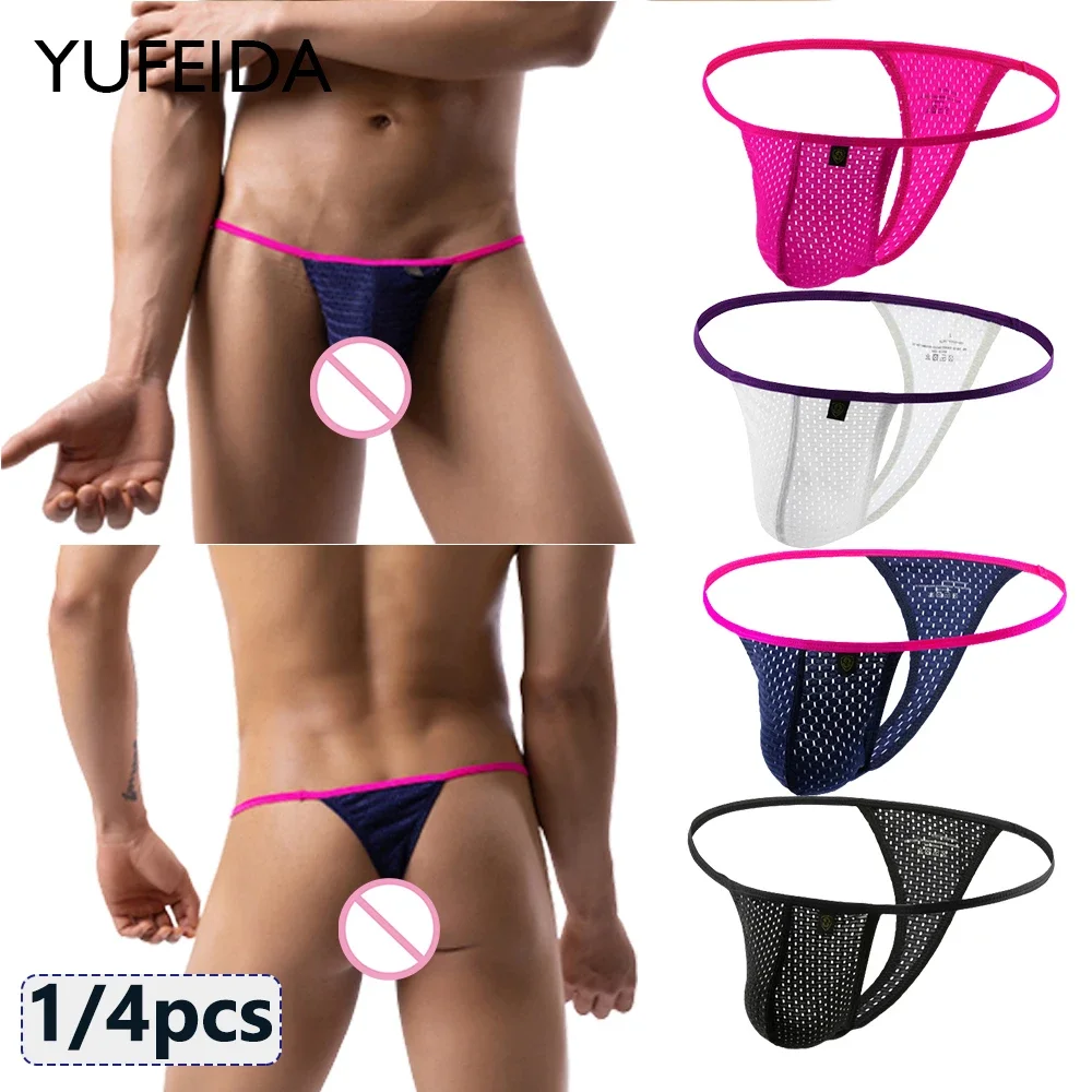YUFEIDA 1/4pcs Men Sexy G Strings Thongs Homme Cueca Brief Breathable Mesh Gay Peni Pouch Underwear Underpant T-Back Panty Thong