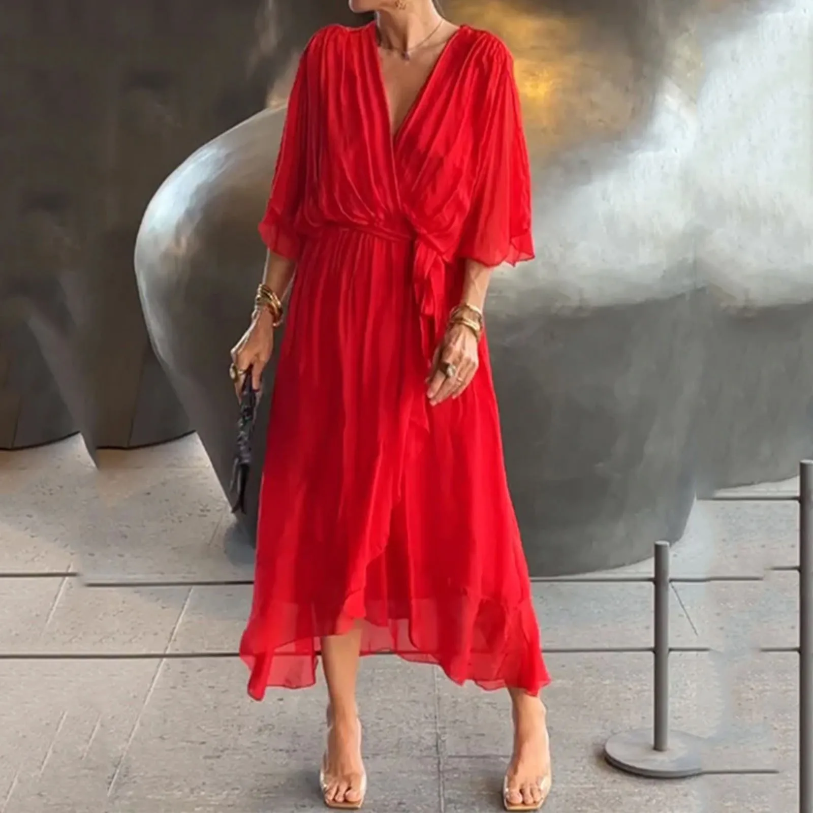 thumbnail image 1 of Vestido elegante con cinturón y cordones para mujer, vestido sexy de corte A con escote en V, manga corta, irregular, vestido de moda, drapeado, liso, estilo bohemio, midi, 1 of 5