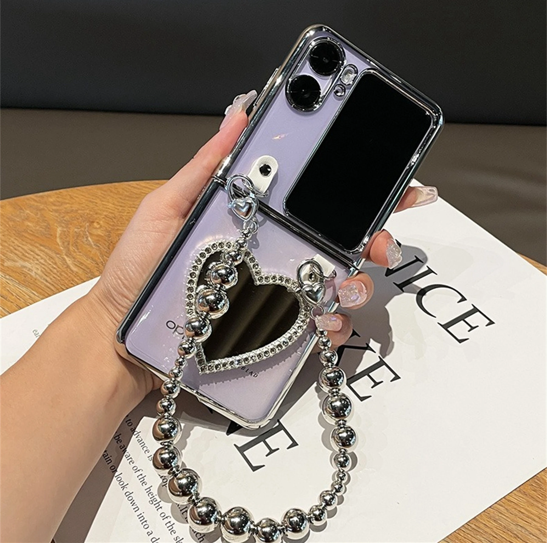 Coreano 3D Love Heart Mirror Clear Case Con Perline Irregolari Bracel Custodia Trasparente Per Oppo Find N2 Flip Cover Posteriore Antiurto