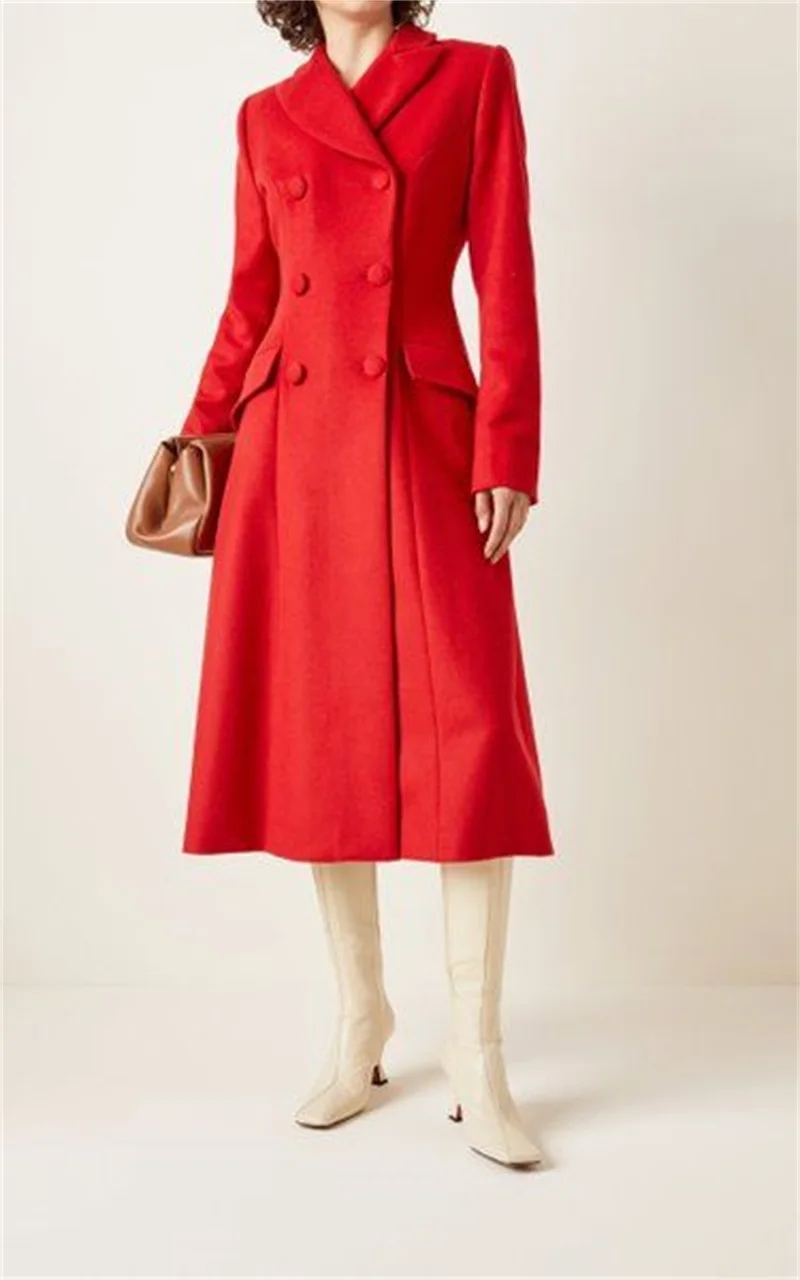 

Red Woolen Long Women Overcoat Jacket Designer Formal Winter Thick Cashmere Wide Cut Trench Coat Custom Made Prom Dress