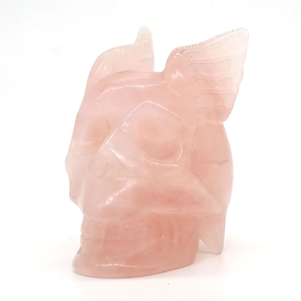 

Wing Skull Head Crystal Stone Figurine Statue Natural Rose Quartz Gemstone Sculpture Craft Collection Halloween Home Decor 3"