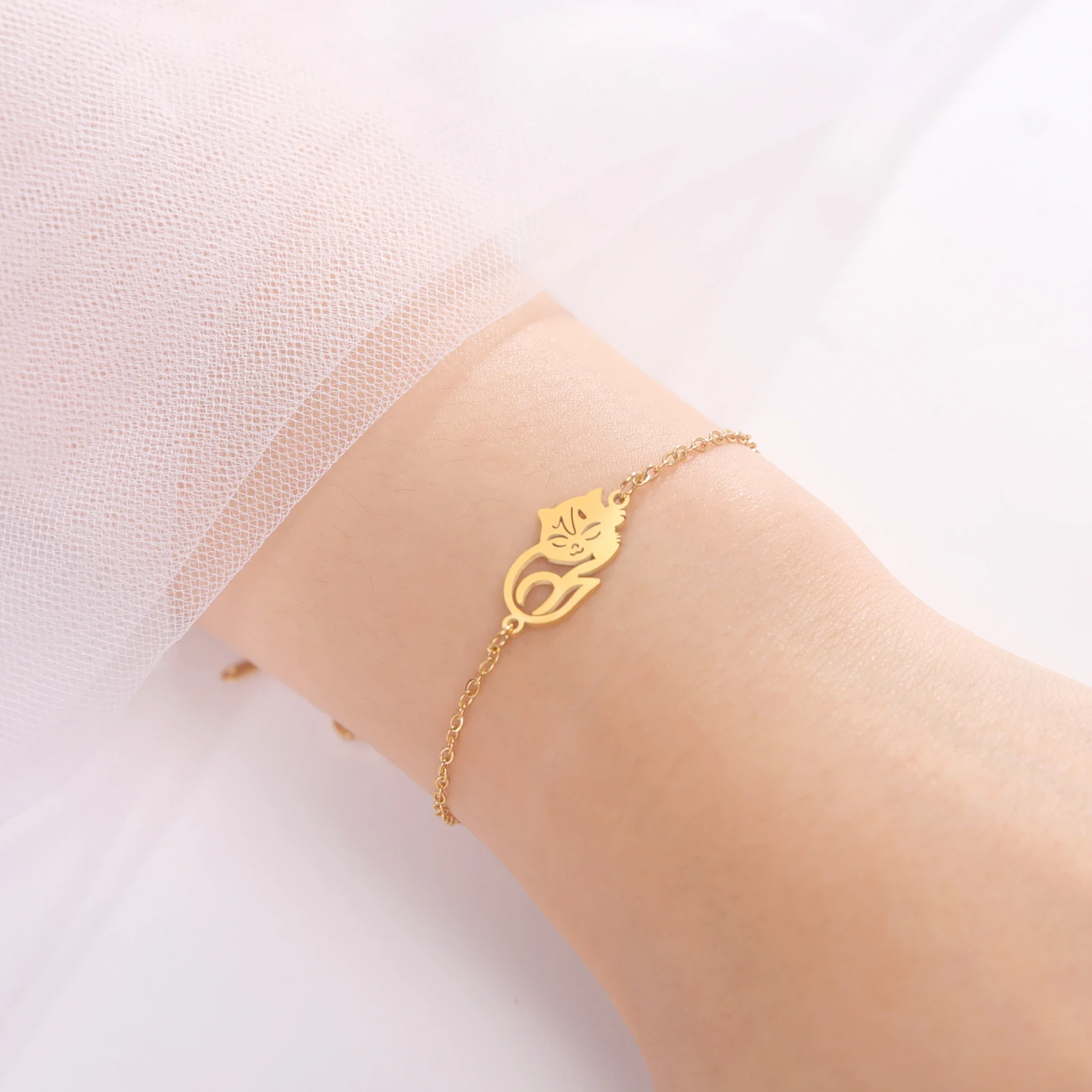 Cute Lying Cat Charm Bracelet for Women Stainless Steel Animal Kitten Wax Rope Hand Bracelet Jewelry - PeticaDeals