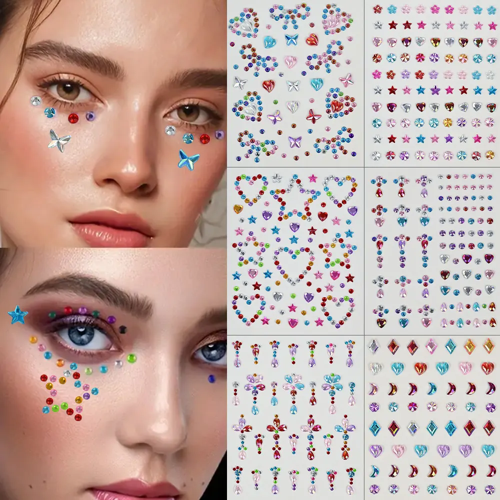 3D Rhinestone Face Jewelry Gems Crystal Diamond Temporary Tattoo Stickers 1Pcs