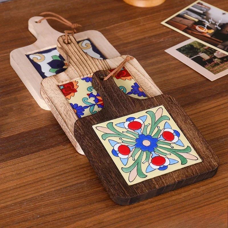 Japanese Restaurant Retro Solid Wood Tile Handle Pot Pad Wooden Anti Scald Plate Pad Household Casserole insulation Wood Pad