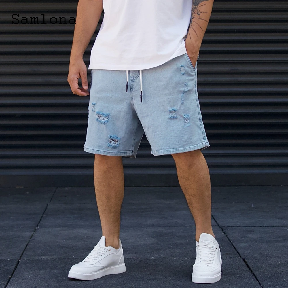 Men Fashion Demin Shorts Mid Waist Stand Pockets Denim Bottom Loose Vintage Hole Ripped Short Jeans Male Summer Cargo Half Pants