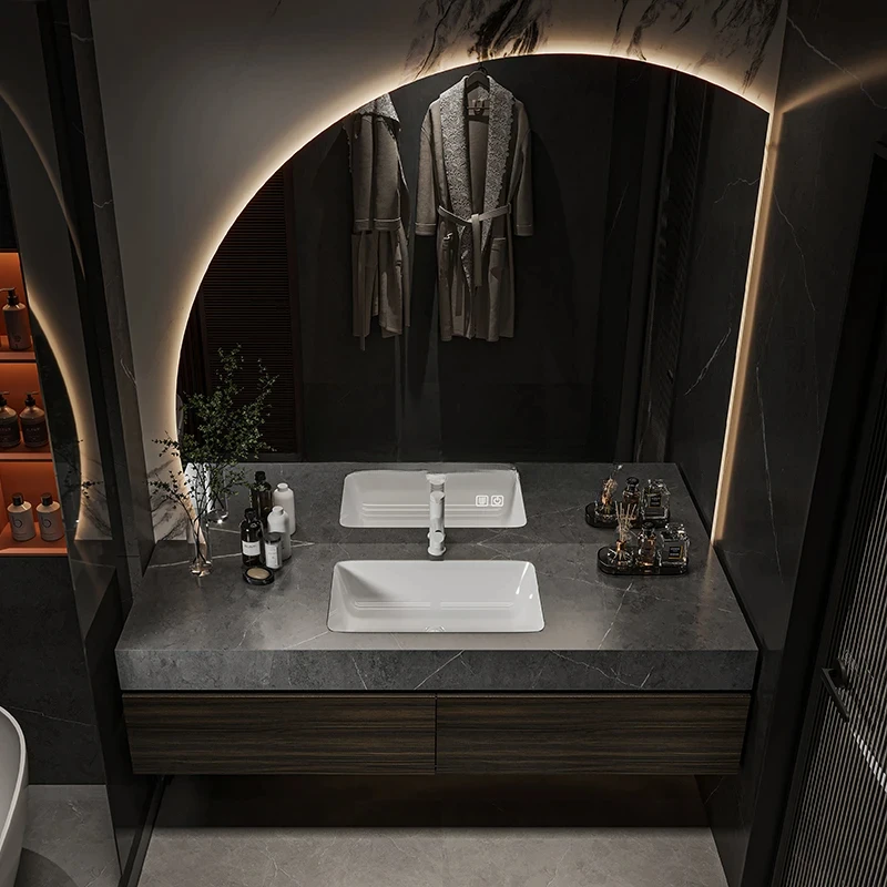 Light luxury rock slab bathroom cabinet seamless ceramic integrated basin washbasin cabinet combination