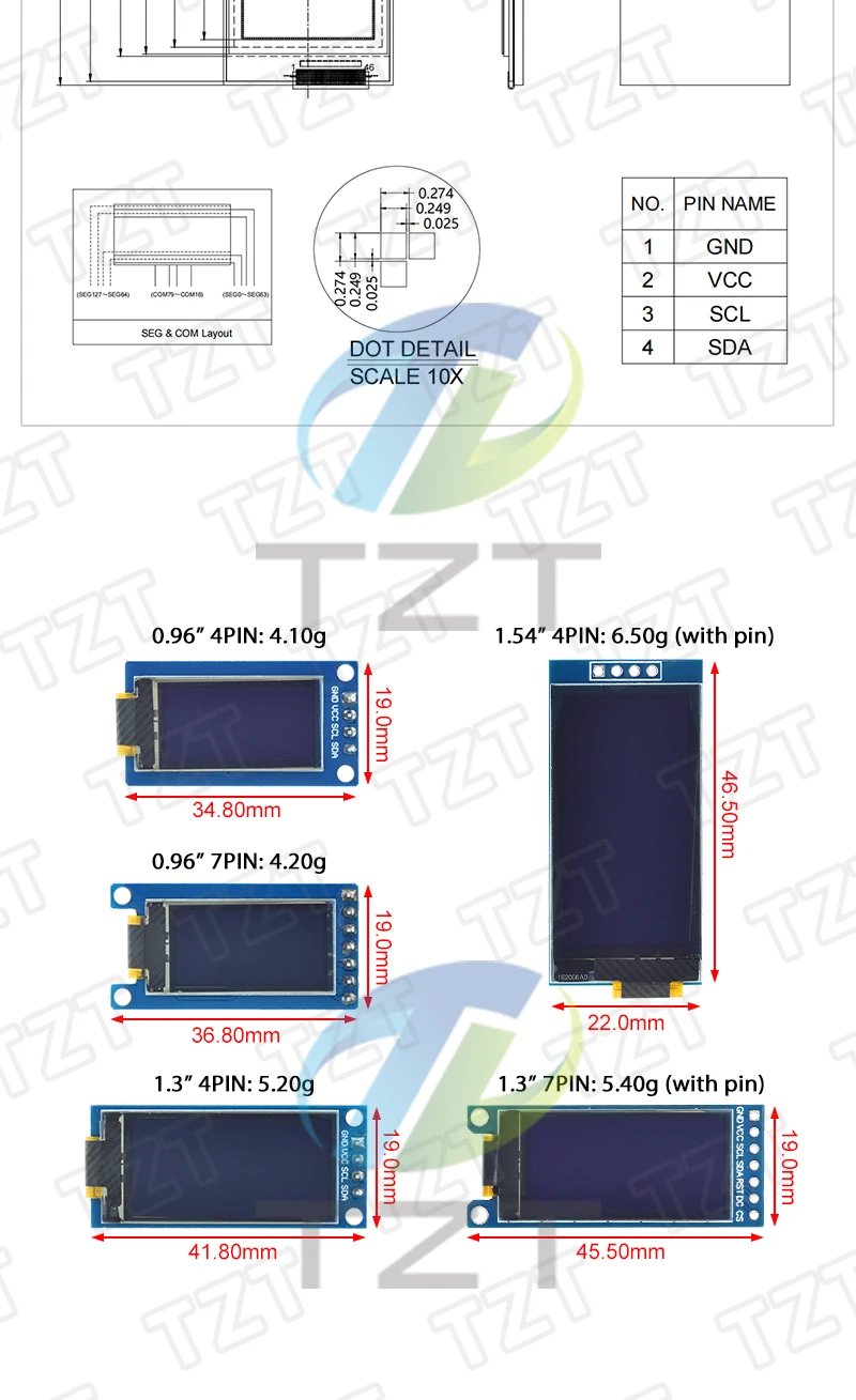 TZT 0,96 / 1,3 / 1,54 Zoll OLED-Display 64×128 LCD-Modul SH1107 SSD1312 SSD1317 4PIN 7PIN LCD 1,3 " OLED Vertikales Bildschirmmodul – Detail 7