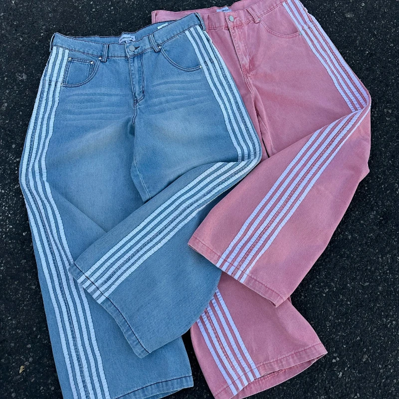 Y2K Stripe Jeans Men Women Solid Wash Embroidery Pocket Logo Heavy Denim Pants Retro Trend Streetwear Unisex Baggy Track Jeans 3