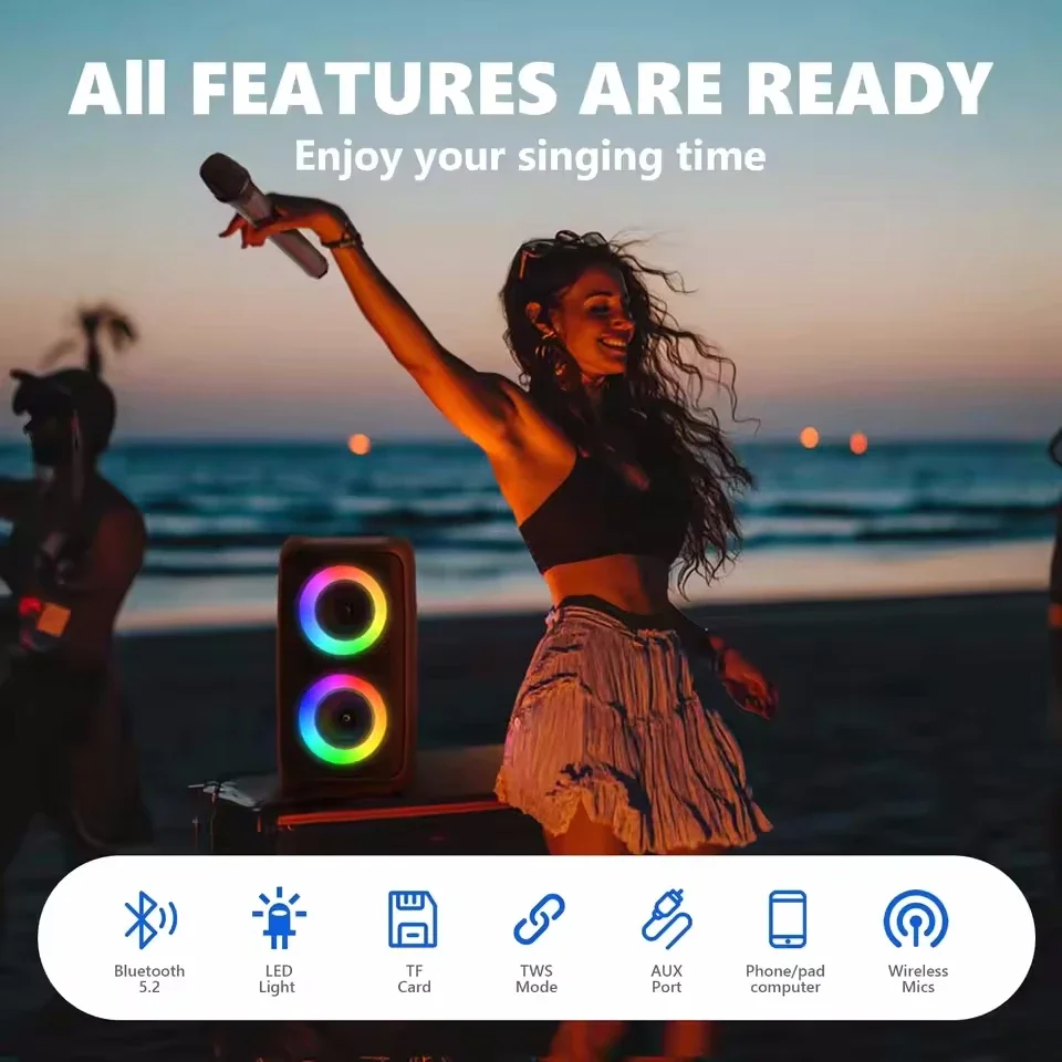 Portable Wireless Karaoke Bluetooth Speaker Subwoofer With Microphone FM Radio LED Lamp TWS Sound Box Music Machine_voghion.com