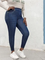 Plus Size Women's High Elasticity Pants Imitation Jeans Printed Washed Effect Slim Fit Female Bottoms Casual Knit Trousers - Image 5