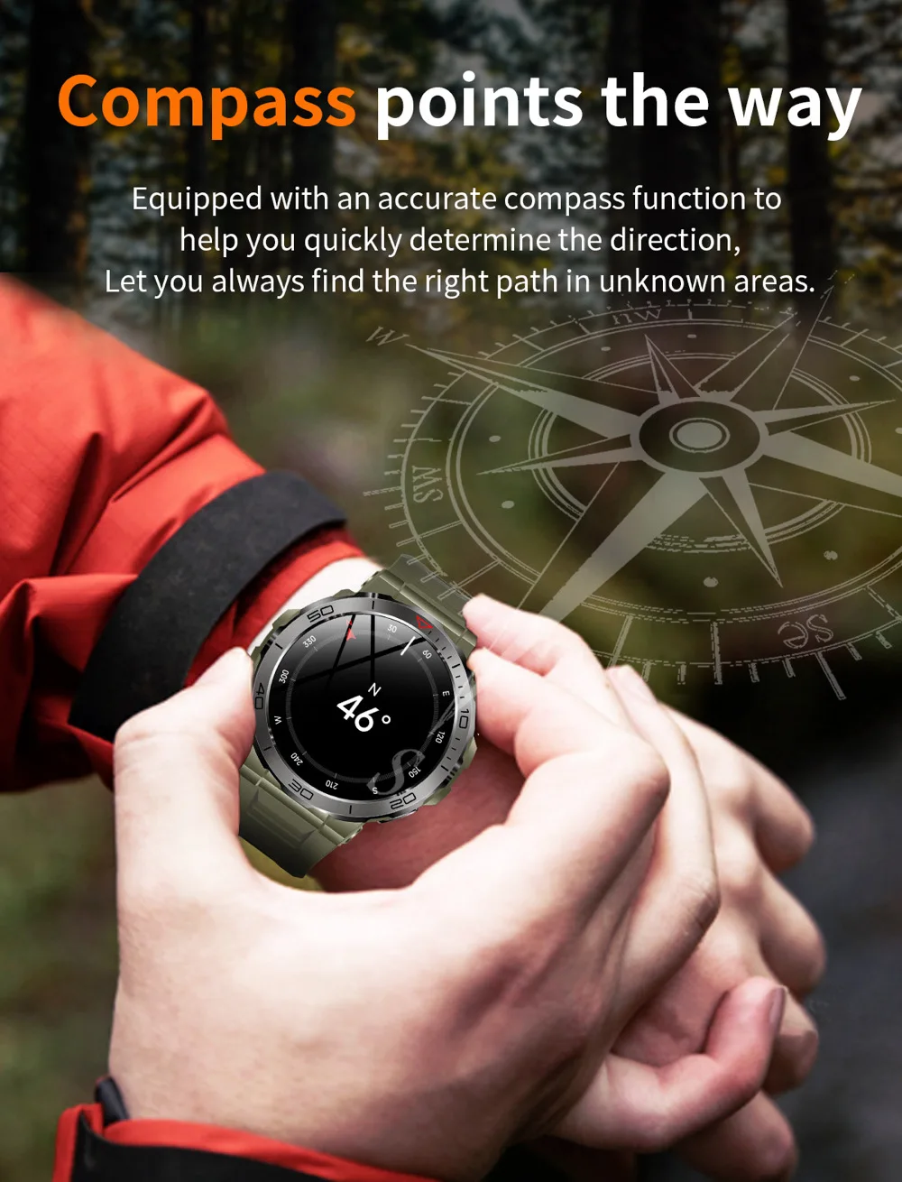 Reloj inteligente deportivo con GPS y pantalla AMOLED, pulsera con brújula, IP68, resistente al agua, Bluetooth, llamadas, monitorización de la salud, para hombre, para actividades al aire libre_voghion.com