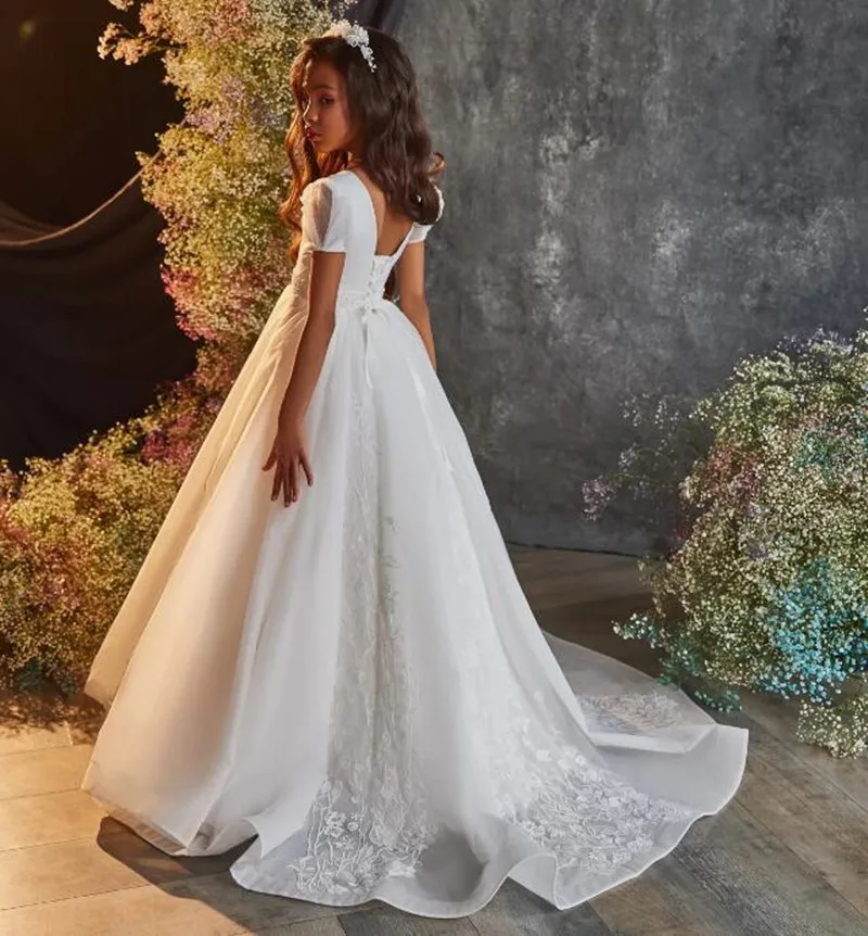 

Floral Lace Princess A-Line First Communion Gown for Girls Short Sleeve V Neck Wedding Flower Girl Dress Kid Size 1-16T