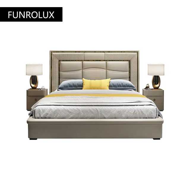 Lit double en cuir de style moderne minimaliste, chambre principale, entrée haut de gamme, rouge, style lux, sportm 1