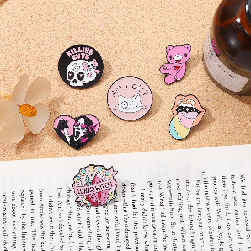 Pink Punk Enamel Pins Custom Witch Bear Tongue Ghost Call Brooches Lapel Badges Gothic Halloween Jewelry Gift for Friends