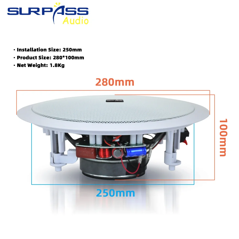 50Watts 8 Inch Wall-mounted Ceiling Speaker 8ohm Impedance Full Range Stereo Sound Speaker Easy Install Background Music System