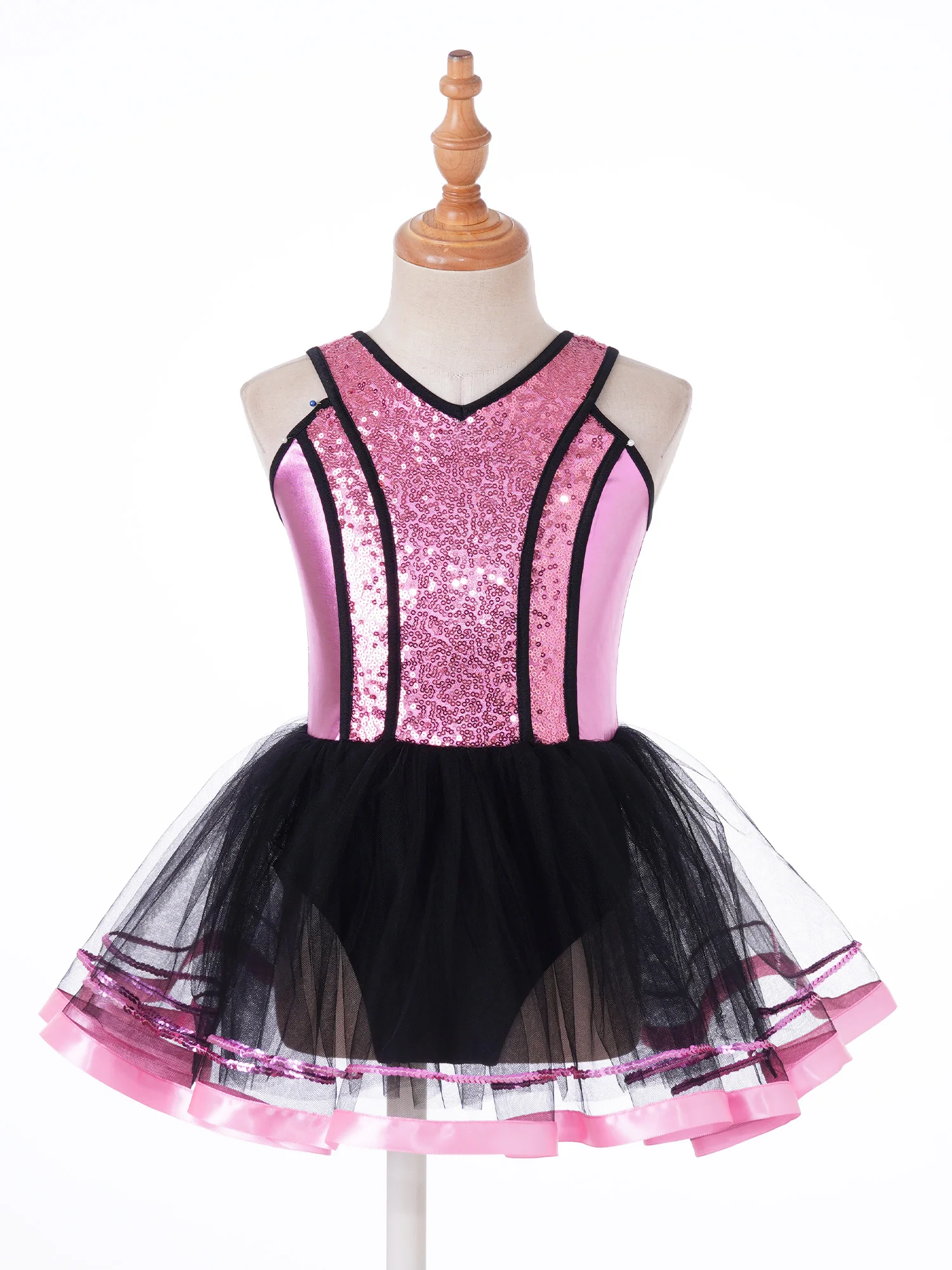 #6-16 Years Kids Girls Ballet Dance Leotards Dress Sleeveless Shoulder Straps V Neck Shiny Sequins Tutu Mesh Skating Dance Dress