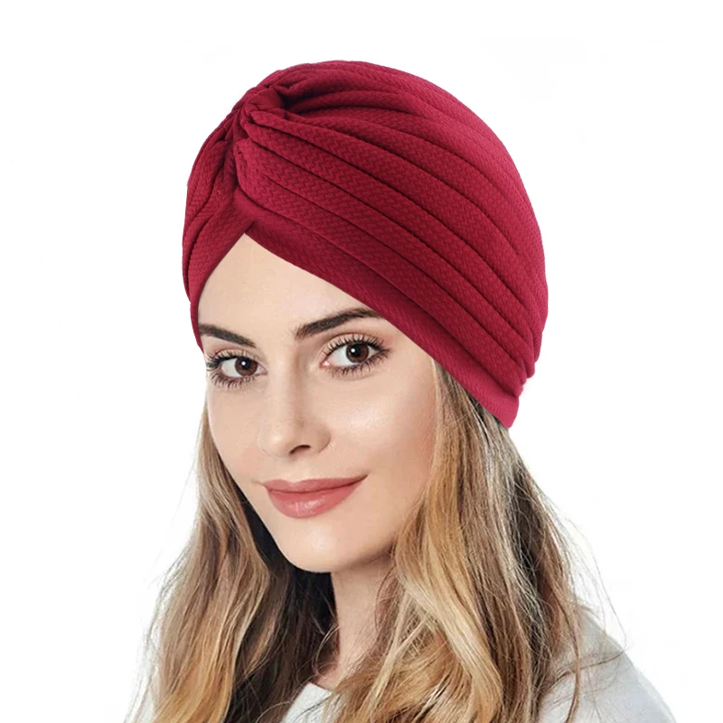 

Hot Sale Of Vintage Pleated Headscarves For Women Muslim Turban Thickened Indian Hat Fashion Solid Wrap Head Cap Hair Care Caps