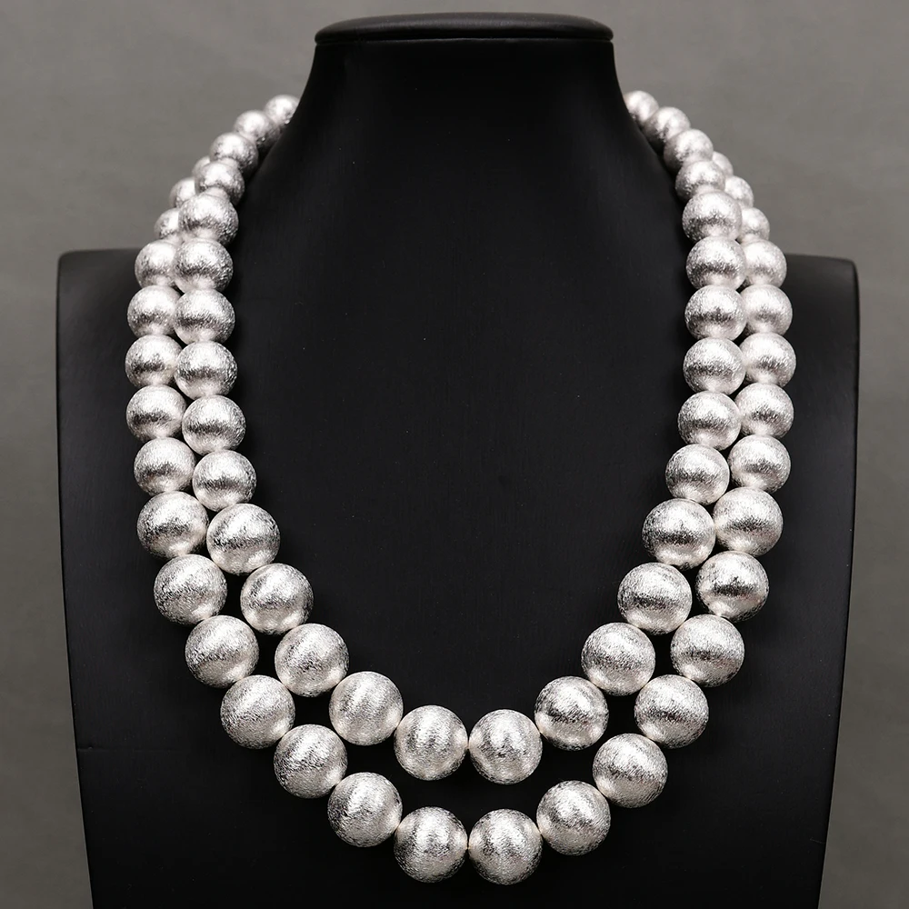 

GG 19-21'' 2 Rows Silver Color Plated Copper Ball Brushed Beads Necklace Handmade Multi Rows Necklace Lady Party Gifts