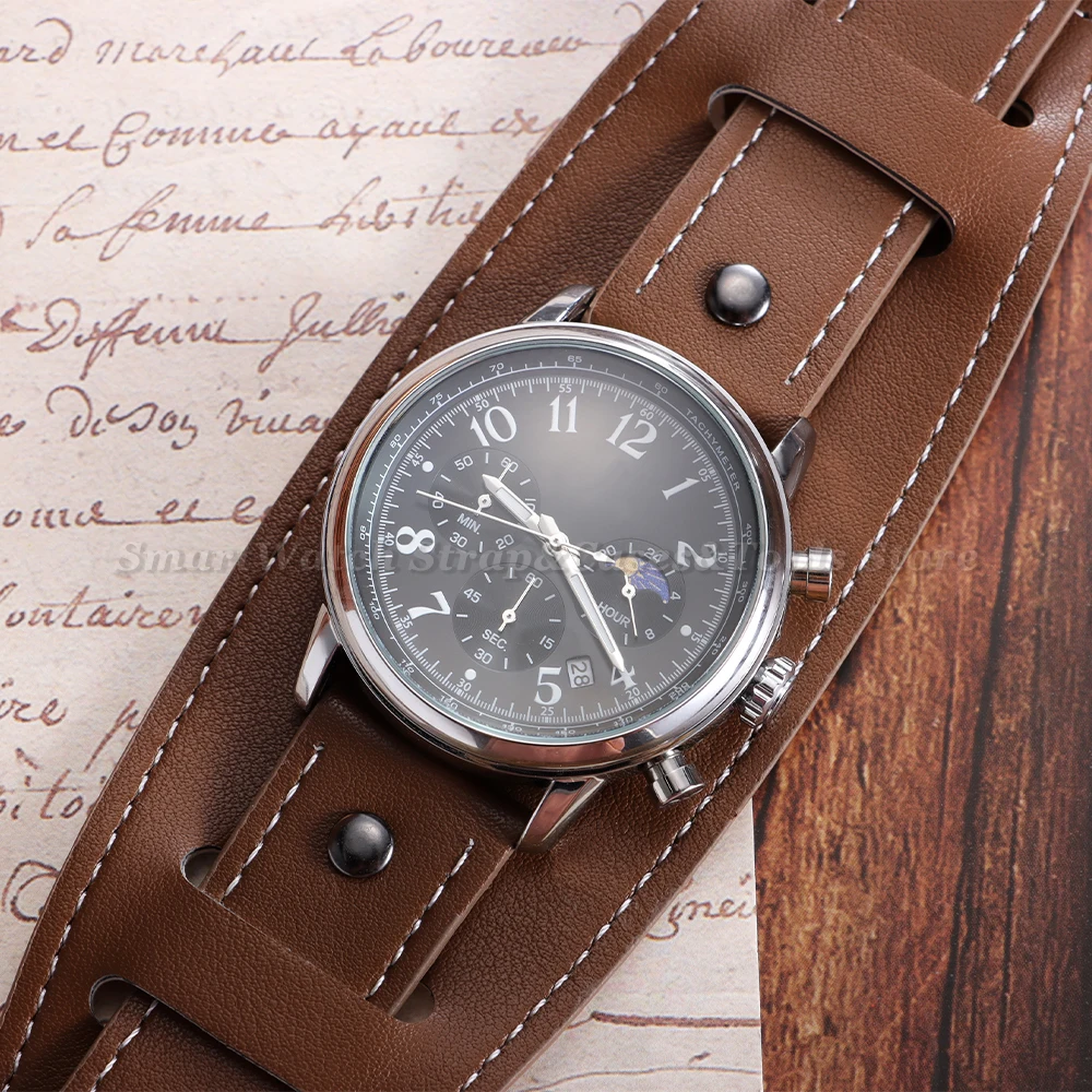 Vintage Cowhide Leather Cuff Watch Band for Men - Deep Brown, Black, Light Brown