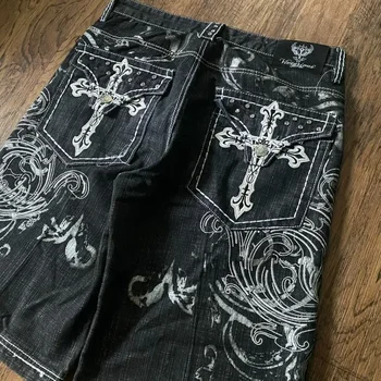 Y2K Fashion New Oversize Embroidery Loose Denim Shorts Men Gothic Punk Hip Hop Fashion Casual Joker Couple Basketball Pants 1