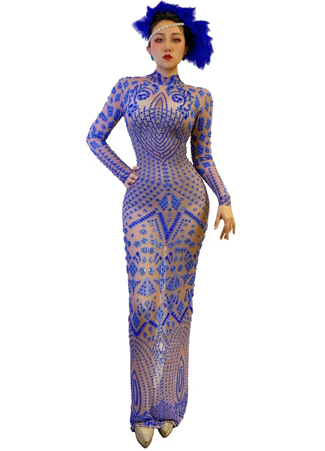 Glisten Blue Rhinestone Transparent Long DressProm Evening Birthday Celebrate Mesh OutfitWomen Dancer Show Dress  A017
