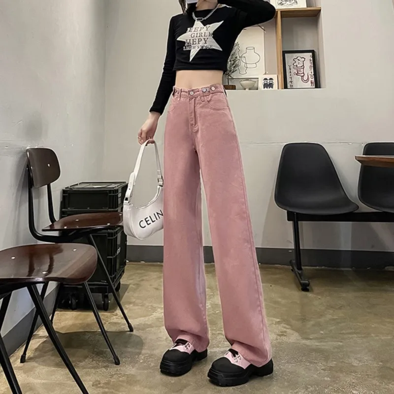 여성용 데님 청바지 디자인 와이드 레그, 느슨한 스트레이트 허리 조절 가능, 단추 패션 브랜드, 신상품 바지