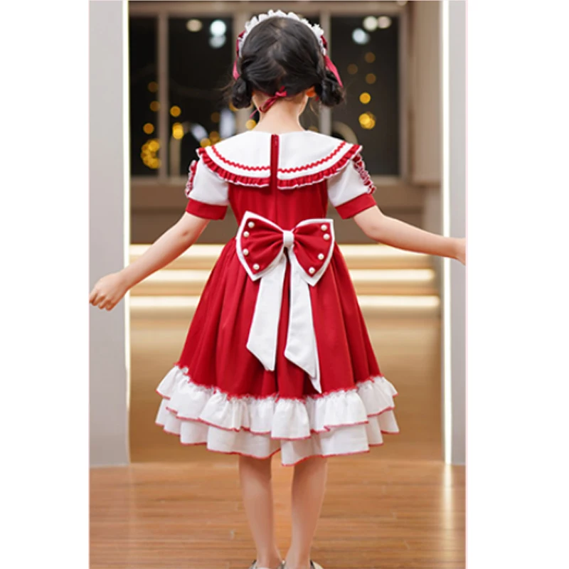 Classic Lolita Costume Cosplay Baby Girl Korean Style Dress With Bow Kawaii For Kids Short Sleeve Elegant Patchwork Hit Color