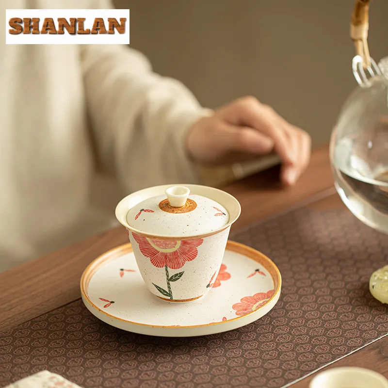 150ml Jingdezhen Powder Yin Cover Bowl Zen Hand-painted Sunflower Gaiwan Ancient Ceramic Tea Tureen Tea Making Tableware Crafts