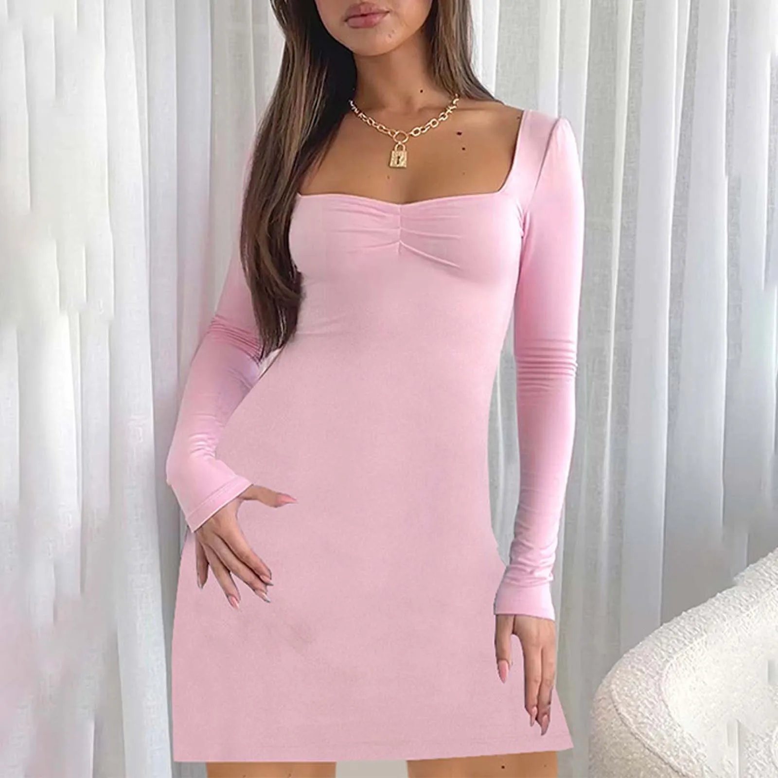 

Women's Solid Color Square Collar Long Sleeve Pleated Side Slit Dress Fitted Summer Dress for Women