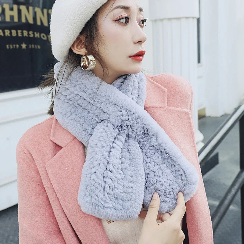 Rex Rabbit Fur Knitted Scarf Foulard Fashion Solid Shawls Rectangle Scarves for Women Winter Warm Real Fur Shawls 3
