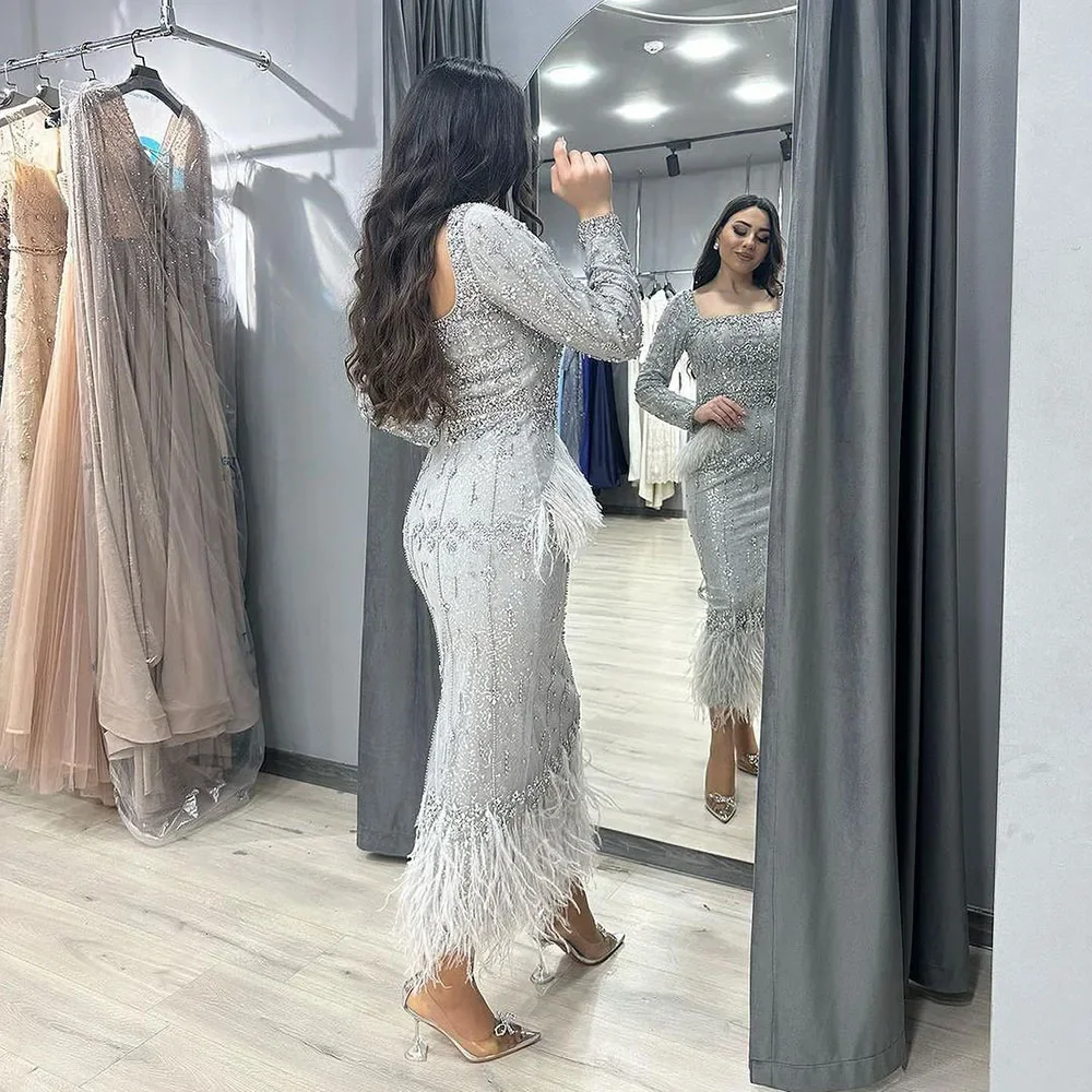 CustomizedSliver Gray Mermaid Evening Dress Tea Length Feather