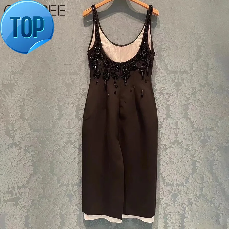 

Clothes Luxury Crystal Beading Summer for Women 2023 Ladies Black Elegant Sleeveless A-line Mini Party Dress