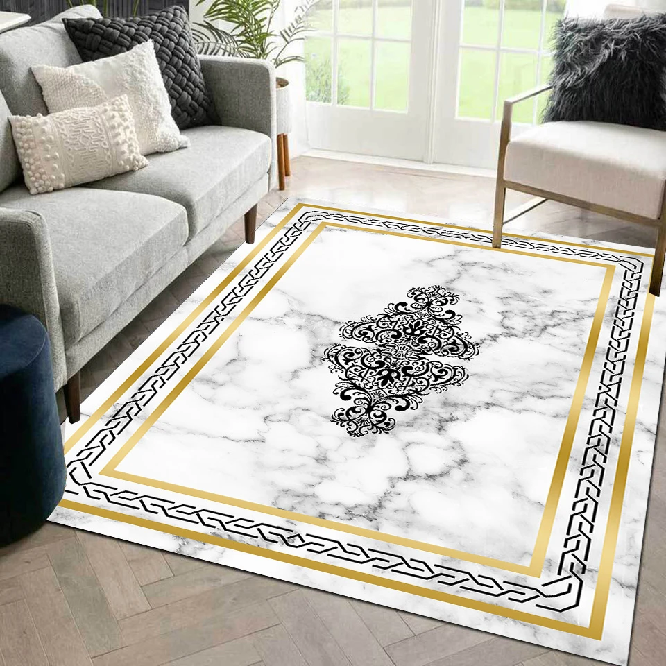 Luxury Living Room Rug Designer White Gold Marble Geometric Abstract Carpet Modern Home Decor