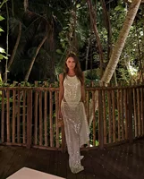 Women Sequin Skirt Set Sexy See through Slim Fit Holiday Outfit Summer Fashion Two Piece Set with Bodysuit And Maxi Skirt - Image 5